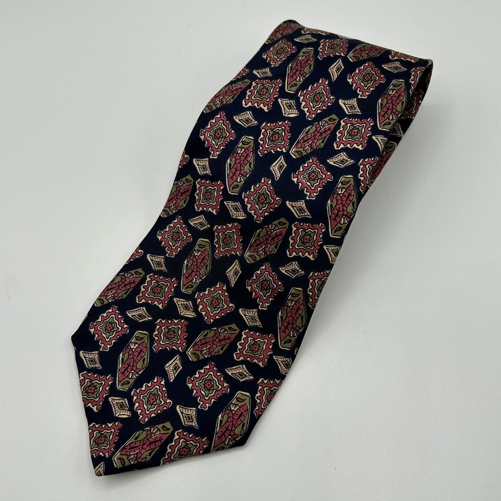 Vintage Besse Clarke Pittsfield Mens Silk Tie Navy Blue Pink Geometric Abstract